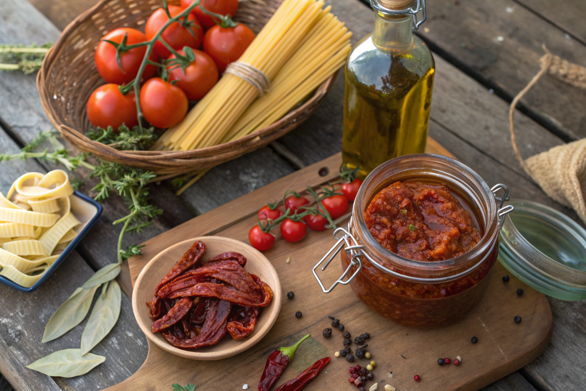 Prodotti tipici calabresi: olio d'oliva, peperoncino, pasta artigianale
